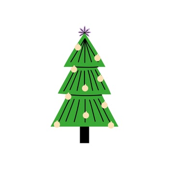 Vector decorated new year tree modern cartoon Christmas fir with xmas new year decorations, illustration