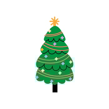 Vector decorated new year tree modern cartoon Christmas fir with xmas new year decorations, illustration