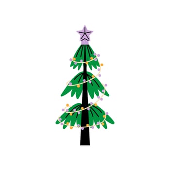 Vector decorated new year tree modern cartoon Christmas fir with xmas new year decorations, illustration