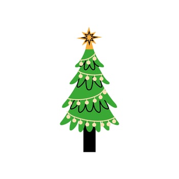 Vector decorated new year tree modern cartoon Christmas fir with xmas new year decorations, illustration