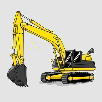 Excavator flat vector illustration, isolated image on a gray background, flat design illustration in yellow and black