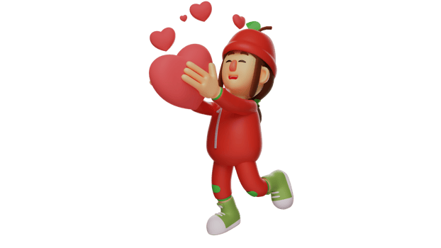 3D illustration. Fruit Girl 3D Cartoon Character. Romantic fruit girl standing holding love symbol. Student wearing red fruit costume and showing happy expression. 3D cartoon character png