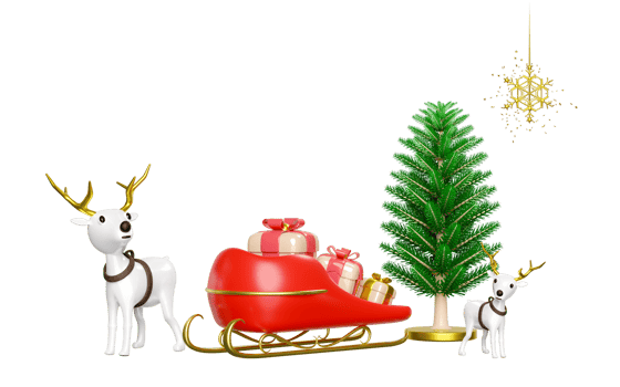 3d reindeer with sleigh, pine tree, gift box, snowflake. merry christmas and happy new year, 3d render illustration png
