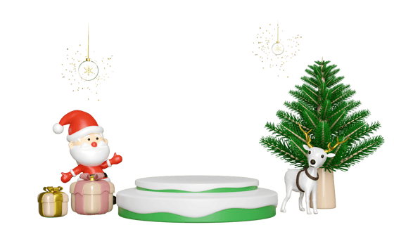 3d Podium empty with reindeer,  Santa Claus, gift box, christmas tree. merry christmas and happy new year, 3d render illustration png