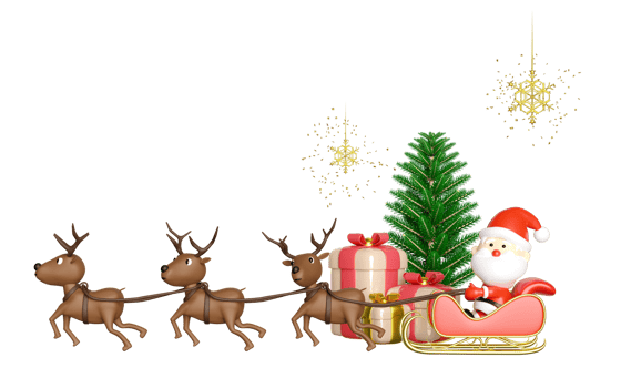 3d reindeer with Santa Claus, sleigh, gift box, pine tree, gift box, snowflake. merry christmas and happy new year, 3d render illustration png