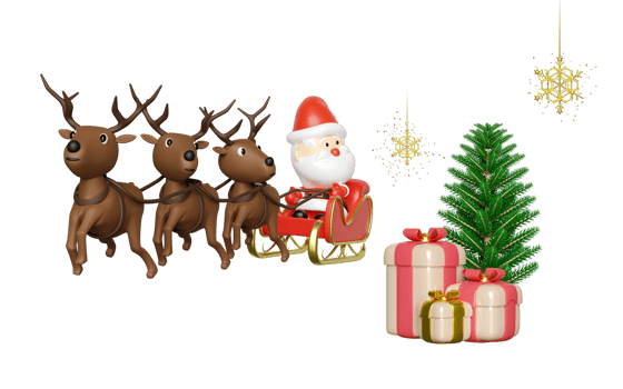 3d reindeer with Santa Claus, sleigh, gift box, pine tree, gift box, snowflake. merry christmas and happy new year, 3d render illustration png