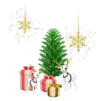 3d reindeer with pine tree, gift box, snowflake. merry christmas and happy new year, 3d render illustration png