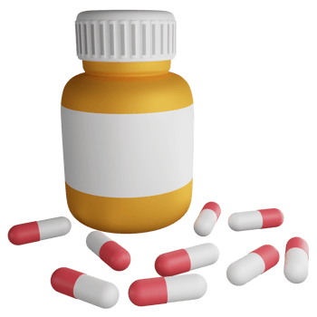 Pill bottle and pills capsule clipart flat design icon isolated on transparent background, 3D render medication and health concept png