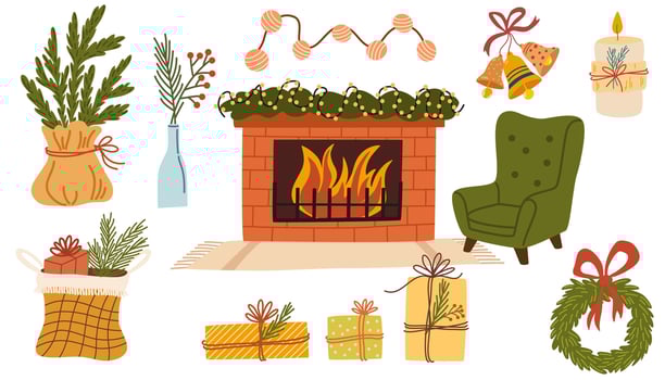Christmas interior elements set. Fireplace, couch, vase, candle, chair, garland, gift basket, christmas wreath. Winter holiday house decoration. Cozy home furniture. Vector hand draw illustration
