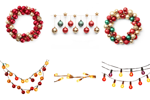 AI generated Set of Twinkling Christmas Light, wreath made from baubles isolated on transparent background png