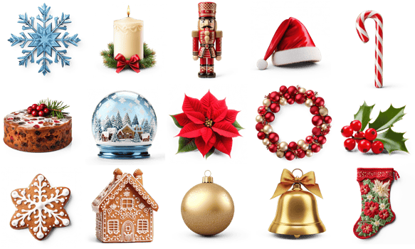 AI generated SET of Nutcracker, Stocking, Poinsettia, Fruitcake, Christmas Snowglobe, Santa Hat, wreath, gingerbread house, bauble isolated on transparent background png