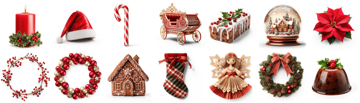AI generated Set of Mistletoe, Poinsettia, Santa Hat, Stocking, wreath isolated on transparent background png