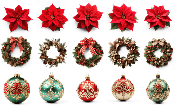 AI generated Set of Poinsettia, wreath, bauble isolated on transparent png