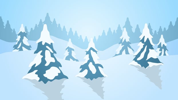Snowy forest landscape vector illustration. Scenery of snow covered pine forest in winter season. Winter forest panorama for illustration, background or wallpaper