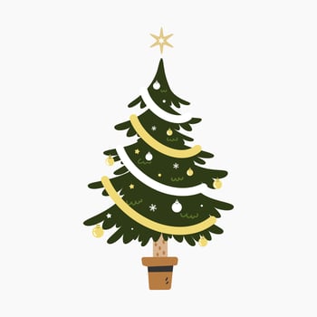 A cute Christmas tree with lovely decoration flat vector illustration isolated on white background. Merry Christmas and Happy New Year