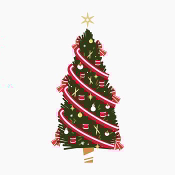 A cute Christmas tree with lovely decoration flat vector illustration isolated on white background. Merry Christmas and Happy New Year