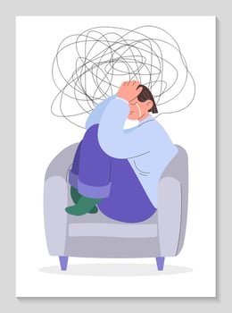 Mental problem poster. Girl is crying on chair. Mental health or disorder concept. Anxiety, depression, stress, headache. Dizziness, sad, anxious thoughts, emotional burnout. Vector flat illustration.