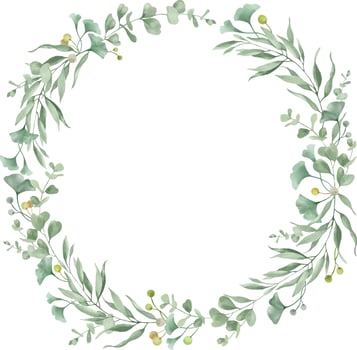Watercolor floral wreath with eucalyptus, ginkgo leaves, berries . Hand drawn illustration isolated on white. Vector EPS.