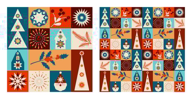 Christmas seamless pattern with simple geometric shapes. Template postcard, poster, covers. vector