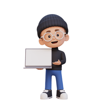 3D kid Character Holding and Presenting to a Laptop with Empty Screen png