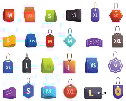 Size label for cloth icons set cartoon vector. Small extra vector