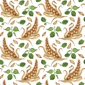 Watercolor illustration of a pattern of ripe ears of wheat, dried stalks, grains and a branch of fresh green hops isolated. Element for design, advertising, beer festival png