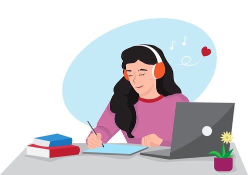 Student listening online courses, e-learning concept, flat illustration vector