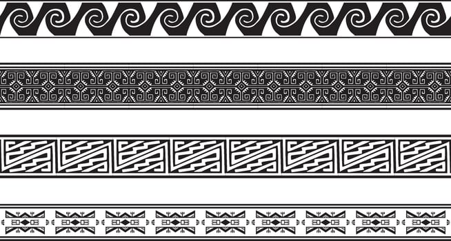 Vector set of seamless monochrome national native american ornaments. Endless ethnic black borders, frames of the peoples of America, Aztec, Maya, Incas. For sandblasting, plotter and laser cutting
