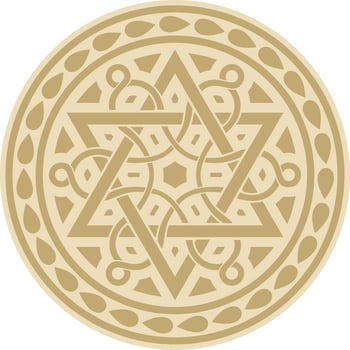 Vector golden round Jewish ornament. Star of David. Semitic circle, ring. Jerusalem