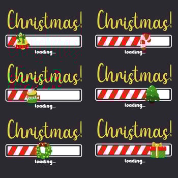 Set of progress indicators with the inscription Christmas loading in a schematic children's style. Vector Christmas illustration for the design of a T-shirt, poster or greeting card, stickers. Square
