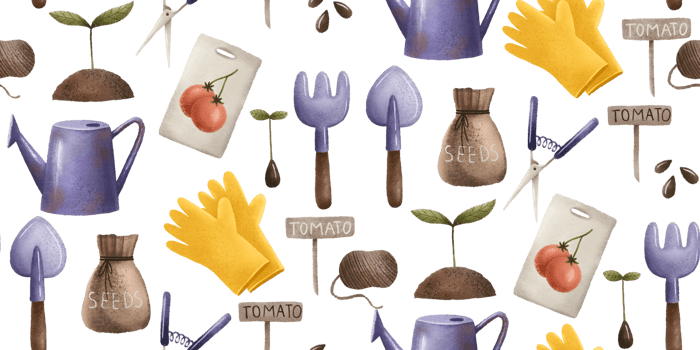 Gardening seamless pattern. Gardening tools and tomato seeds background with shovel and rake, seedling, gloves, waterpot. Farmhouse repeat. Agriculture png