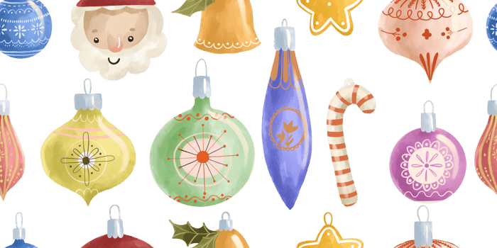 Christmas background with christmas tree toys and bells. Endless design. Seamless pattern png