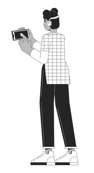 Black girl listening music streaming black and white 2D line cartoon character. African american young woman clicking play on phone isolated vector outline person. Monochromatic flat spot illustration