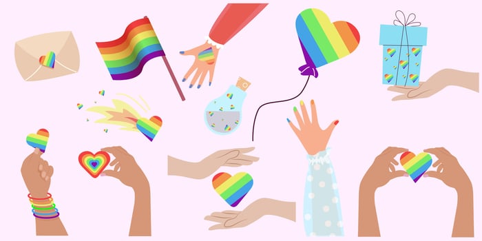 Happy Valentine's Day LGBT elements set. Concept of homosexual love, LGBTQ. LGBT hearts, pride symbol, LGBT flag. Trendy modern flat vector illustration for stickers, banner, card.