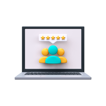 3D users with stars on laptop screen. Online reviews concept in 3d style. png