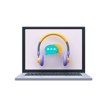 Call center with chat bubble. 3D headphones with chat on laptop screen, support service icon png
