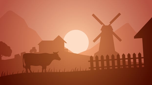 Farmland silhouette landscape vector illustration. Scenery of livestock and windmill in the countryside farm. Rural panorama for illustration, background or wallpaper