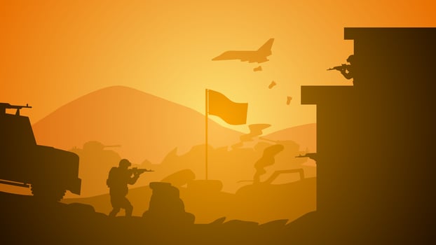 War battlefield vector illustration. Illustration of soldier and military vehicle at war conflict. Battleground landscape for illustration, background or wallpaper. Landscape of conflict or warfare