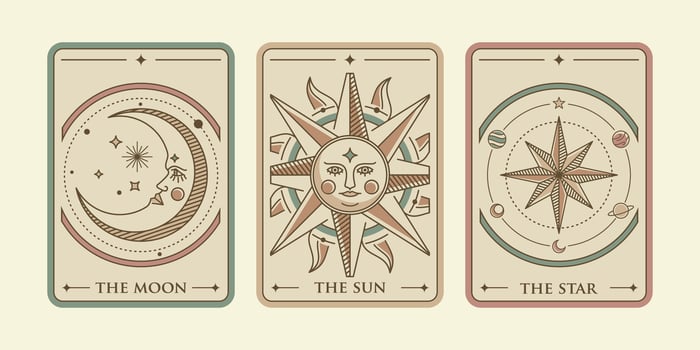 the sun, the moon and the star tarot card illustration vector. Vintage mystic sun, moon and star tarot card in ornamental line art style. Esoteric banner with astrology style. vector