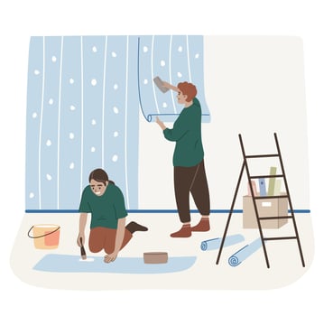 Repairmen gluing wallpaper to the wall. Repairers renovating an apartment. House renovation. Redecoration vector illustration.