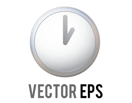 Vector shinny silver time clock icon with gray hour, minute hands and white front face