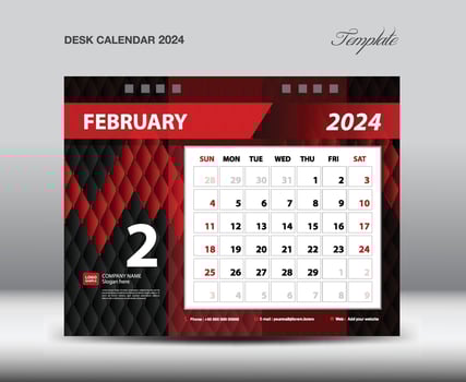 February 2024 year- Desk Calendar 2024 template vector, Week starts Sunday, Planner design, Stationery design, flyer design, wall calendar 2024 year design, printing media creative idea vector