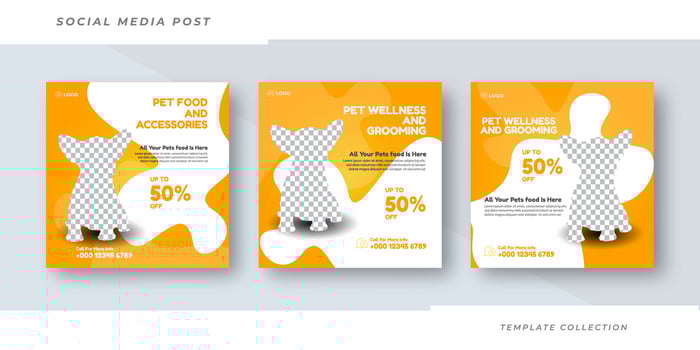 Pet food shop banner for social media post template Pro Vector