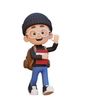 3D happy kid character walking go to school holding book and waving hand png