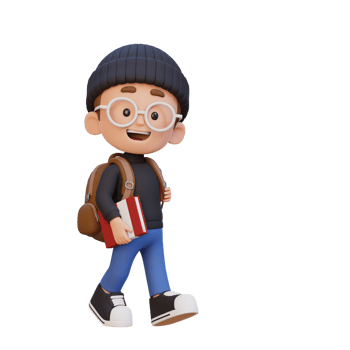 3D happy kid character walking go to school holding book png