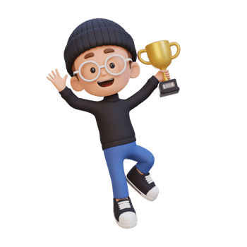 3D kid character celebrating win holding a trophy png