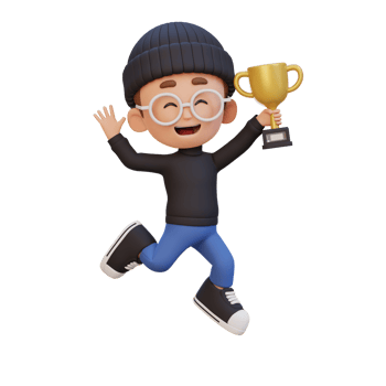 3D kid character celebrating win holding a trophy png