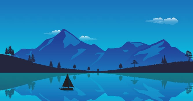 a river running through a forest with mountains in the background vector