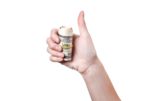 Thumbs up with roll of money isolated on png transparent background 100 dollars