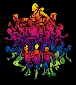 Group of People Running Together Runner Mix Action vector